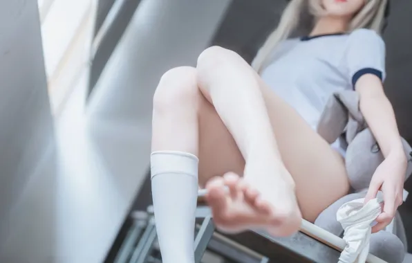 Asian, Woman, Desk, Uniform, Close Up, Socks, Doll, Close Shot