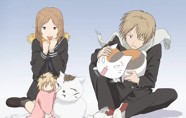 Кот, девушка, аниме, арт, снеговик, парень, madara, natsume yuujinchou