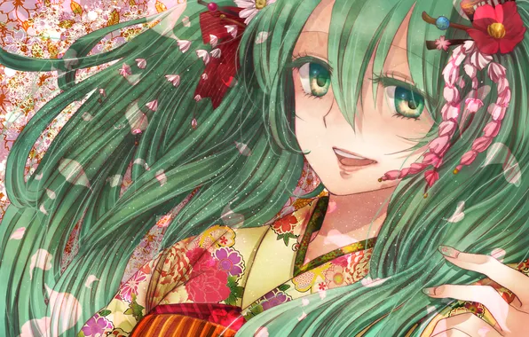 Картинка девушка, цветы, арт, кимоно, Hatsune Miku, Vocaloid, Вокалоид