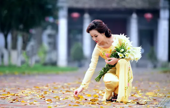 Картинка листья, девушка, цветы, азиатка