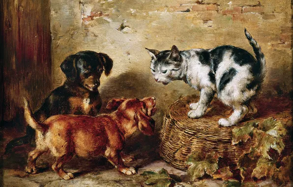 Щенки, Картина, Собаки, Котёнок, Трое, Carl Reichert, Карл Райхерт, Австрийский живописец