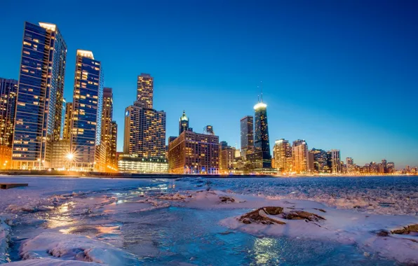 Картинка зима, лёд, бухта, Чикаго, ночной город, Chicago, небоскрёбы