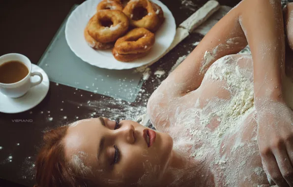Грудь, лицо, кофе, пончики, мука, Екатерина Шержукова, Nikolas Verano, Katherin Sher