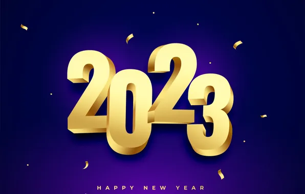 Надпись, цифры, Новый год, золотые, дата, конфетти, фиолетовый фон, 2023