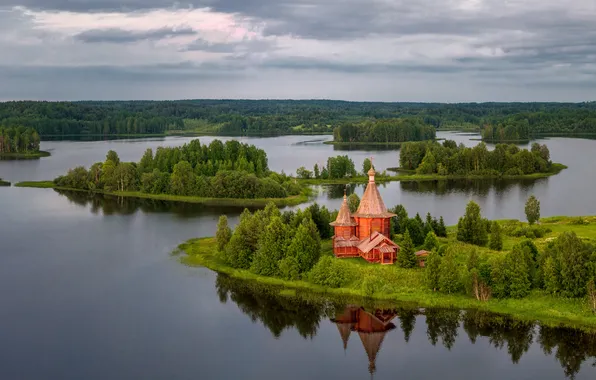 Храм, Россия, Russia, sky, clouds, lake, reflection, islands