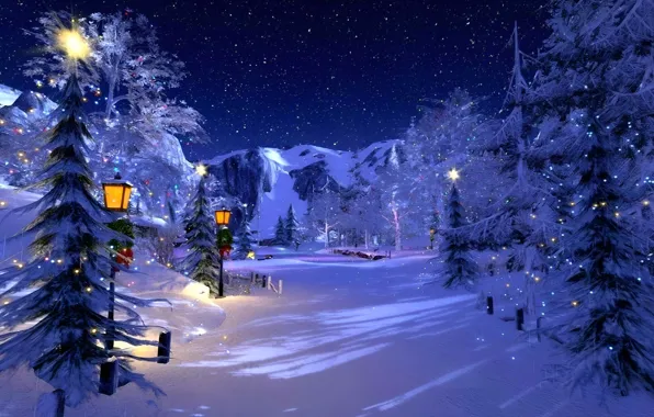 Природа, Снег, Лес, Nature, Snow, Winter night, Forest, Зимняя ночь