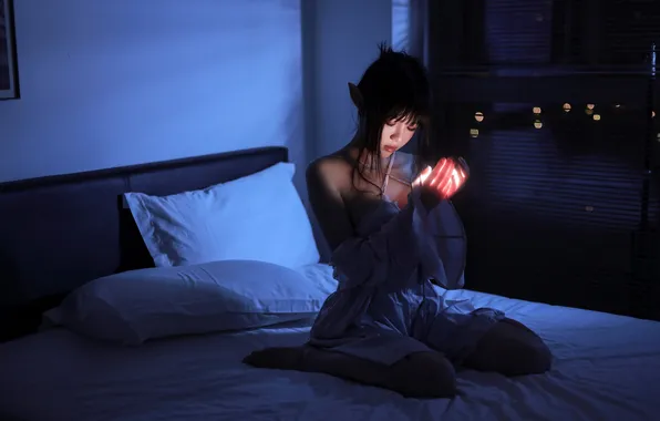 Dark, Light, Beautiful, Asian, Model, Bed, Night, window