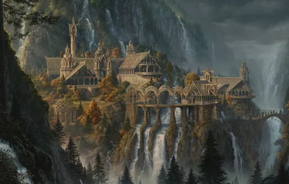 City, fantasy, mountains, waterfalls, elvish