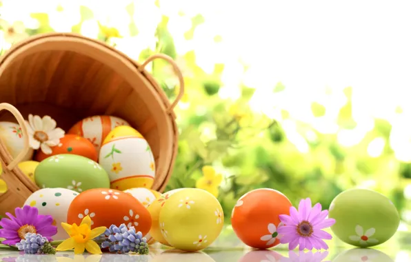 Цветы, праздник, корзина, яйца, весна, Пасха, лаванда, нарциссы