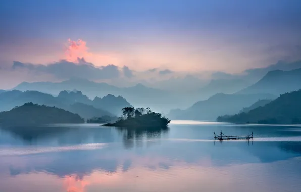 Лес, деревья, горы, туман, озеро, США, Foggy Lake