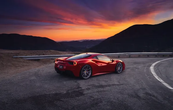 Картинка небо, закат, горы, вечер, Ferrari, red, GTB, 488