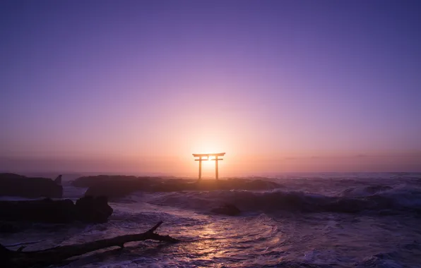 Картинка волны, небо, пейзаж, океан, ворота, Япония, Japan, тории