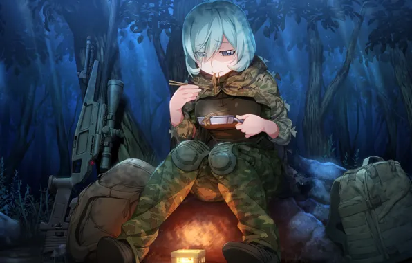 Девушка, ночь, оружие, еда, аниме, Grisaia: Phantom Trigger