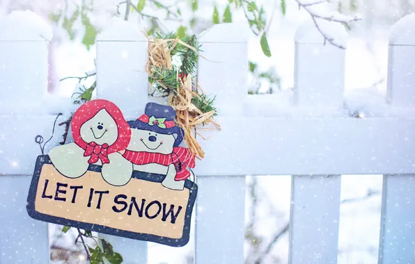 Картинка зима, снег, праздник, надпись, табличка, забор, Рождество, Новый год