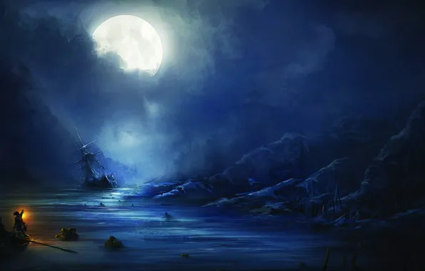 Море, ночь, люди, луна, корабль, Assassin's Creed III, Кредо убийцы 3