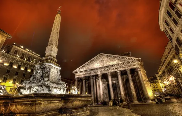 Небо, люди, вечер, площадь, Рим, Италия, колонны, фонтан