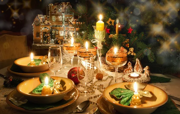 Картинка зима, стол, игрушки, свечи, Новый Год, печенье, бокалы, Рождество