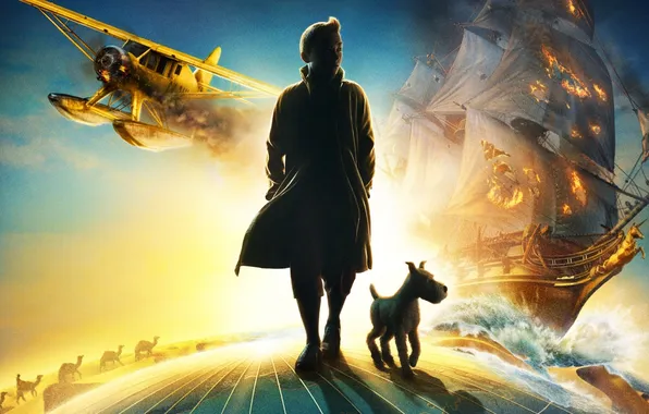 Картинка самолет, корабль, собака, приключения, The Adventures of Tintin, Tintin