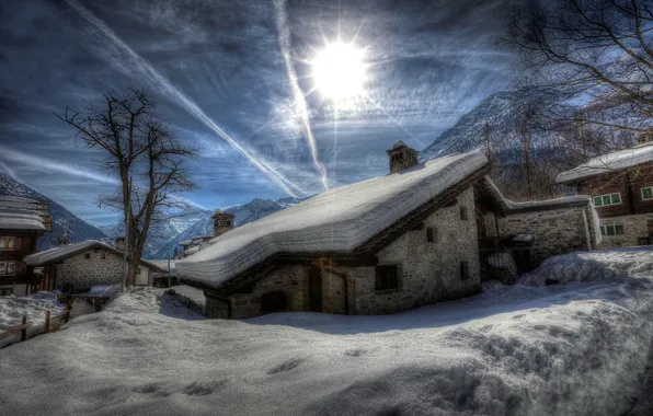 Картинка зима, горы, дом, утро, городок