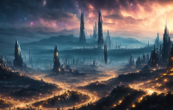 City, future, twilight, landscape, art, fantastic, dusk, cyberpunk