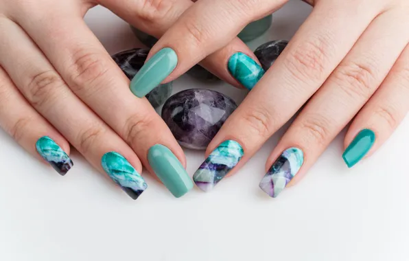 Colors, stone, hands, sculpted nails