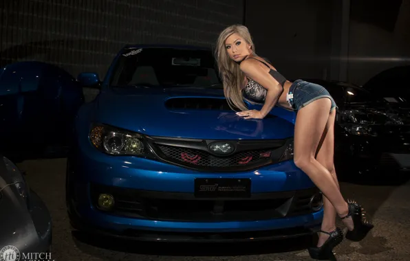 Авто, взгляд, девушка, Девушки, Subaru, оперлась на капот