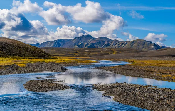 Небо, облака, горы, Исландия, реки, Landmannalaugar