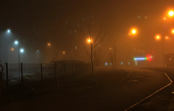 Ночь, туман, здания, дома, весна, фонари, Россия, Stan