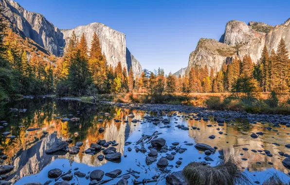Картинка осень, деревья, пейзаж, горы, природа, озеро, камни, США