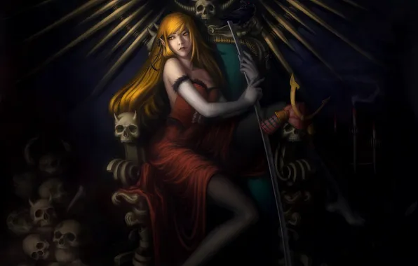Картинка девушка, оружие, птица, платье, декольте, черепа, трон, art
