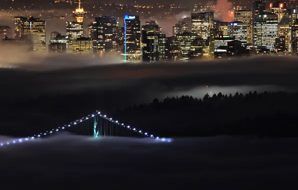 Мост, огни, туман, дома, Канада, Британская Колумбия, West Vancouver