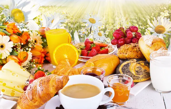 Цветы, кофе, апельсин, ромашки, сыр, молоко, клубника, сок