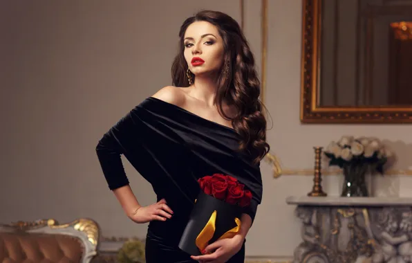 Картинка взгляд, девушка, красный, коробка, розы, макияж, платье, помада