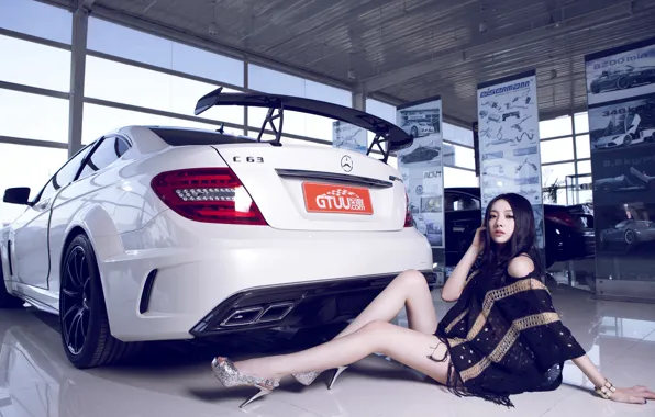 Машина, авто, девушка, модель, азиатка, автомобиль, korean model, Mercedes c63 AMG