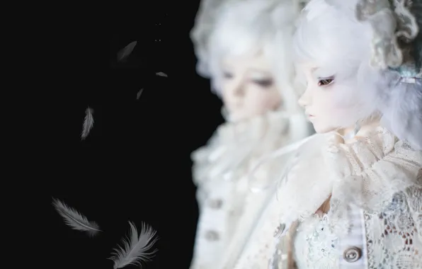 Отражение, кукла, перья, черный фон, белые волосы, doll, BJD