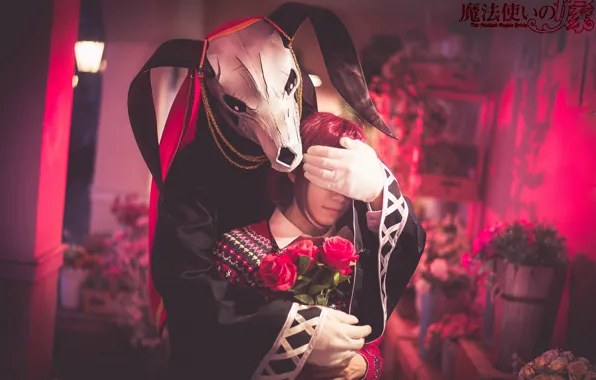 Skull, red, girl, love, rose, flower, red hair, anime