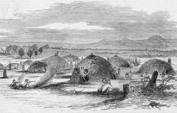 Картинка черно - белое, California. Illustration from Gleason's Pictorial, Native American 'rancheria' in Yuba City, 1852., …