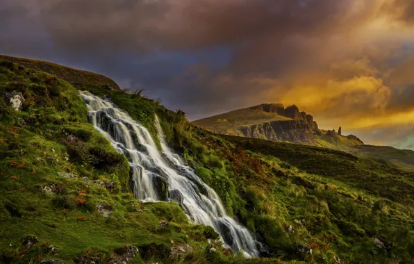 Облака, пейзаж, горы, природа, водопад, утро, Шотландия