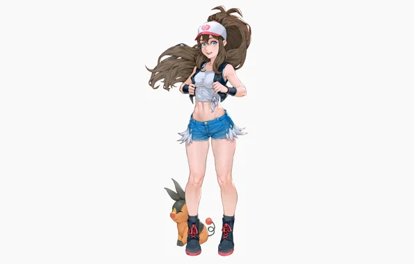 Girl, sexy, shorts, long hair, brown hair, boobs, anime, beautiful