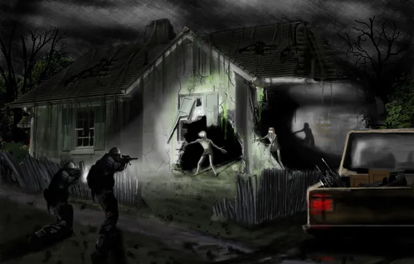 Картинка ночь, дом, полиция, арт, зомби, постапокалипсис