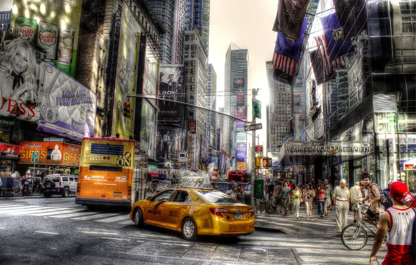 Картинка дорога, машины, город, люди, улица, HDR, такси, USA