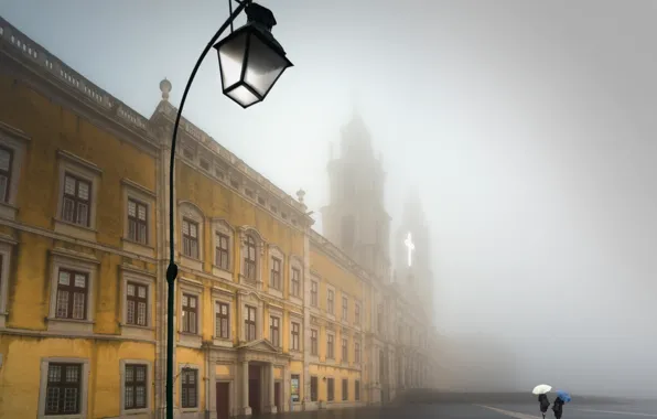 Туман, площадь, церковь, фонарь, собор, Португалия, Лиссабон