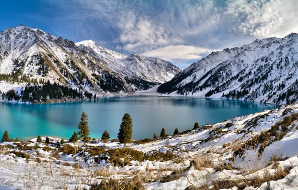 Картинка зима, снег, горы, озеро, Природа