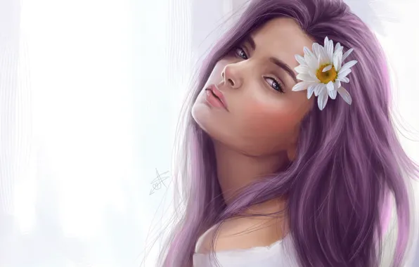 Картинка цветок, девушка, волосы, ромашка, арт, взгяд