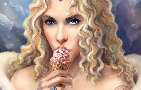 Картинка девушка, кольцо, тату, арт, мороженое, кулон, локоны, Crystal Maiden