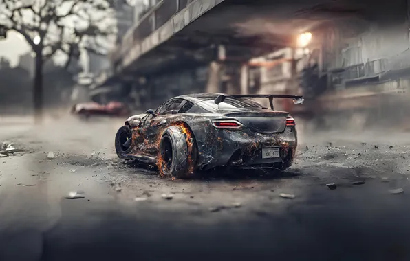 Картинка car, wheels, burning, ai art