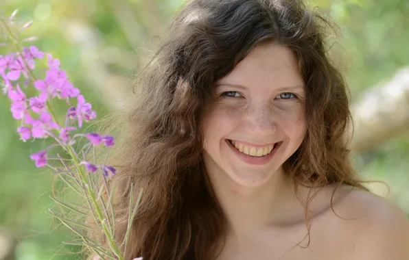 Girl, long hair, smile, blue eyes, flowers, beautiful, pretty, lips