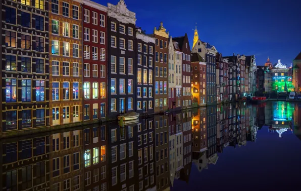 Ночь, город, огни, Амстердам, канал, Нидерланды