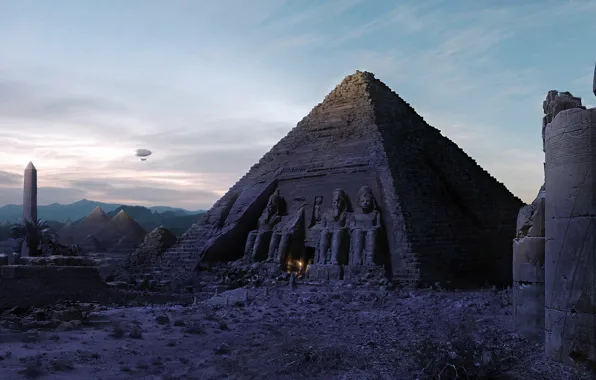 Картинка огонь, Пирамида, дирижабль, Египет