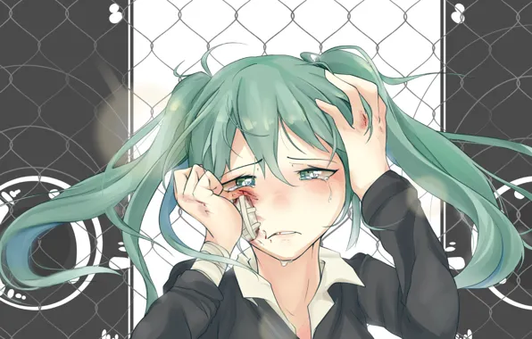 Лицо, обида, руки, vocaloid, Hatsune Miku, вокалоид, слёзы, голубые волосы